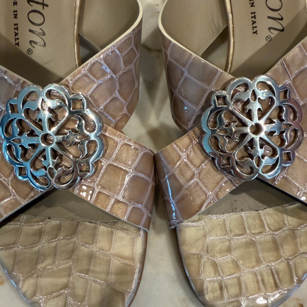 Brighton Taupe Croc-Embossed Slide Sandals with Silver Medallion - Picture 5 of 5